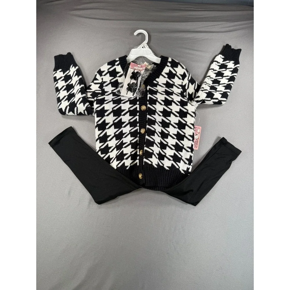 NWT Btween Girls Houndstooth Cardigan Leggings and Hair Clips 3pc Set Size 5